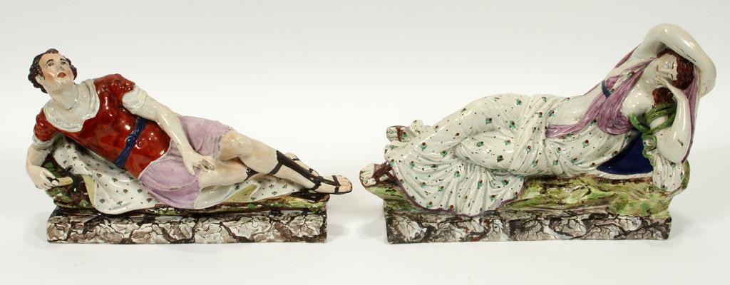 STAFFORDSHIRE POTTERY FIGURINES, C. 1800: STAFFORDSHIRE POTTERY FIGURINES, C. 1800, H 8", L 10.5", CLEOPATRA & MARC ANTONY A pair of early 19th century Staffordshire pottery figurines. Each depicting a reclining Cleopatra and Marc Antony.