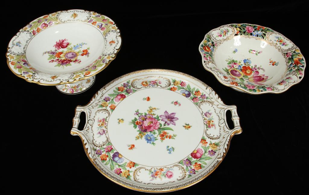 DRESDEN PORCELAIN TRAY, COMPOTE & BOWL: DRESDEN PORCELAIN TRAY, COMPOTE & BOWL DIA 11"-15" A group of three Dresden serving table articles, including a large two-handled tray, a compote, and a bowl. All are hand-painted with flower sprays. 