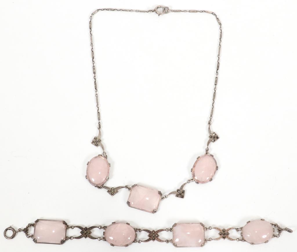 PINK QUARTZ AND SILVER NECKLACE AND BRACELET: PINK QUARTZ AND SILVER NECKLACE AND BRACELET Necklace 15.5, W 5/8", bracelet L 7", W 5/8". Silver setting with rose quartz and marcasites. Circa 1920. Total weight, 1 troy ounce.
