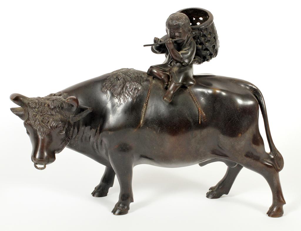 JAPANESE BRONZE SCULPTURE, CHILD & WATER BUFFALO (1 of 5)