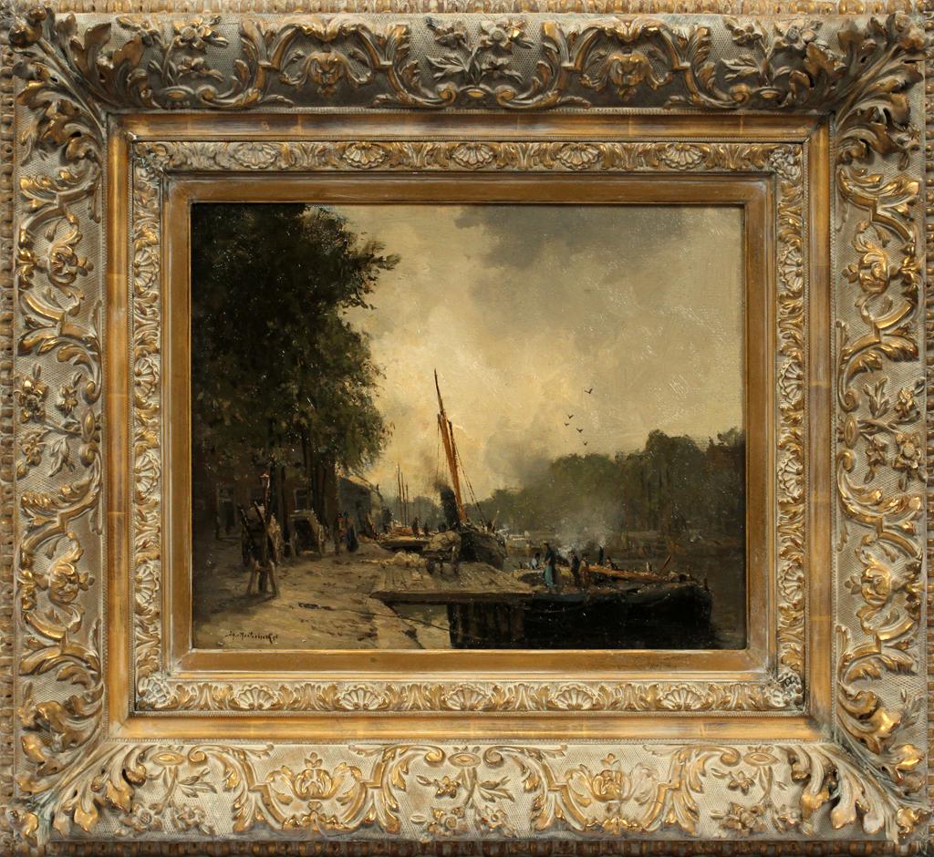 JOHAN HENDRICH MASTENBROEK OIL ON CANVAS: JOHAN HENDRICH MASTENBROEK, 1875 - 45, OIL ON CANVAS H 12" W 16" "HOEKJEFE R' DAM" Signed lower left. Frame 22.5" x 27".
