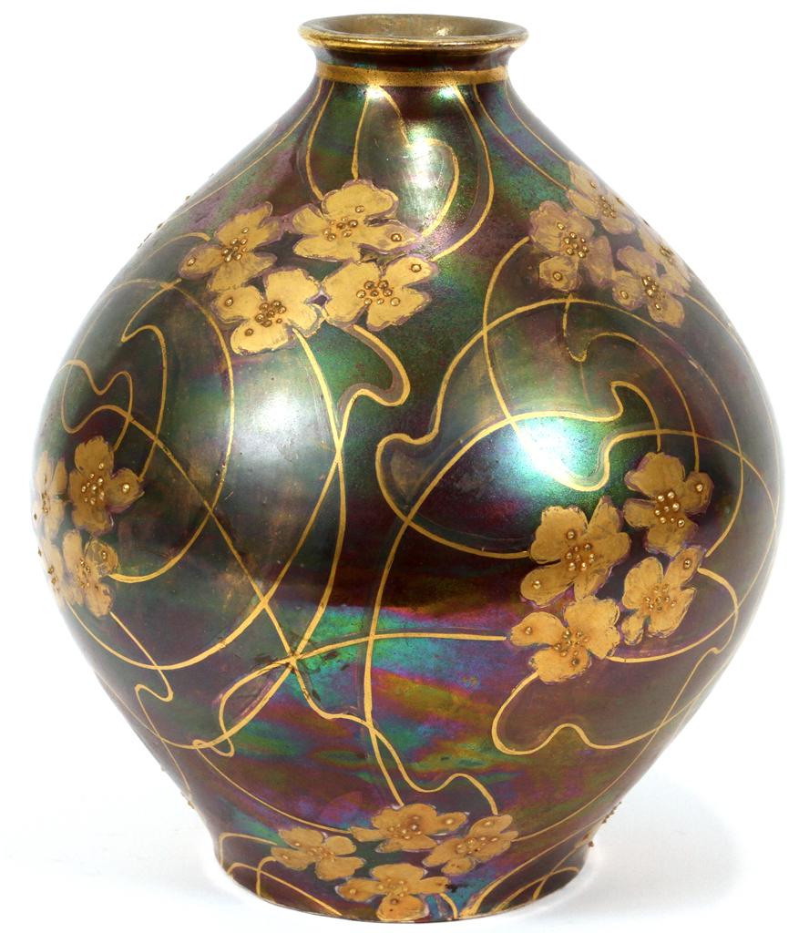 AUSTRIAN STONEWARE VASE, C. 1900, H 8", DIA 6" (1 of 3)