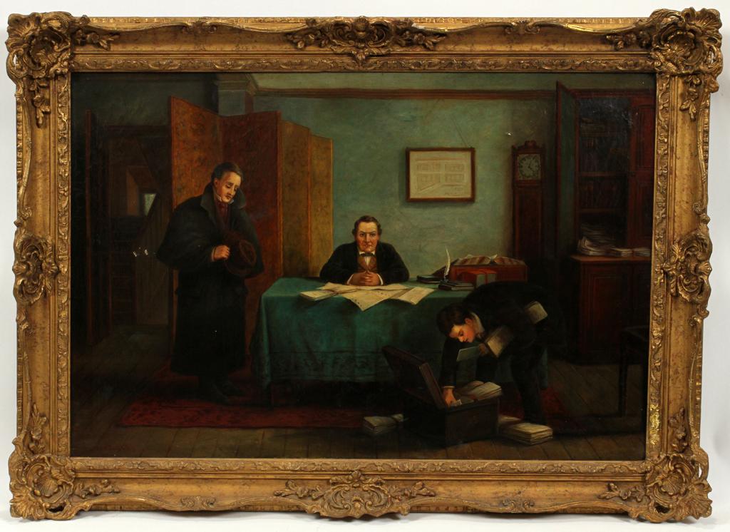 JACK LEIGH WARDLEWORTH OIL ON CANVAS: JACK LEIGH WARDLEWORTH (BRITISH, 1863â€“1925), OIL ON CANVAS, H 24", W 36", "RENEWAL OF THE LEASE REFUSED" Signed lower left; gilt period frame, 30" x 42".