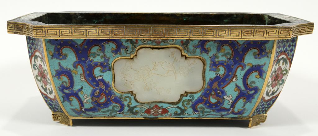 CHINESE CLOISONNE & WHITE JADE PLANTER, H 4" W 11" (1 of 6)