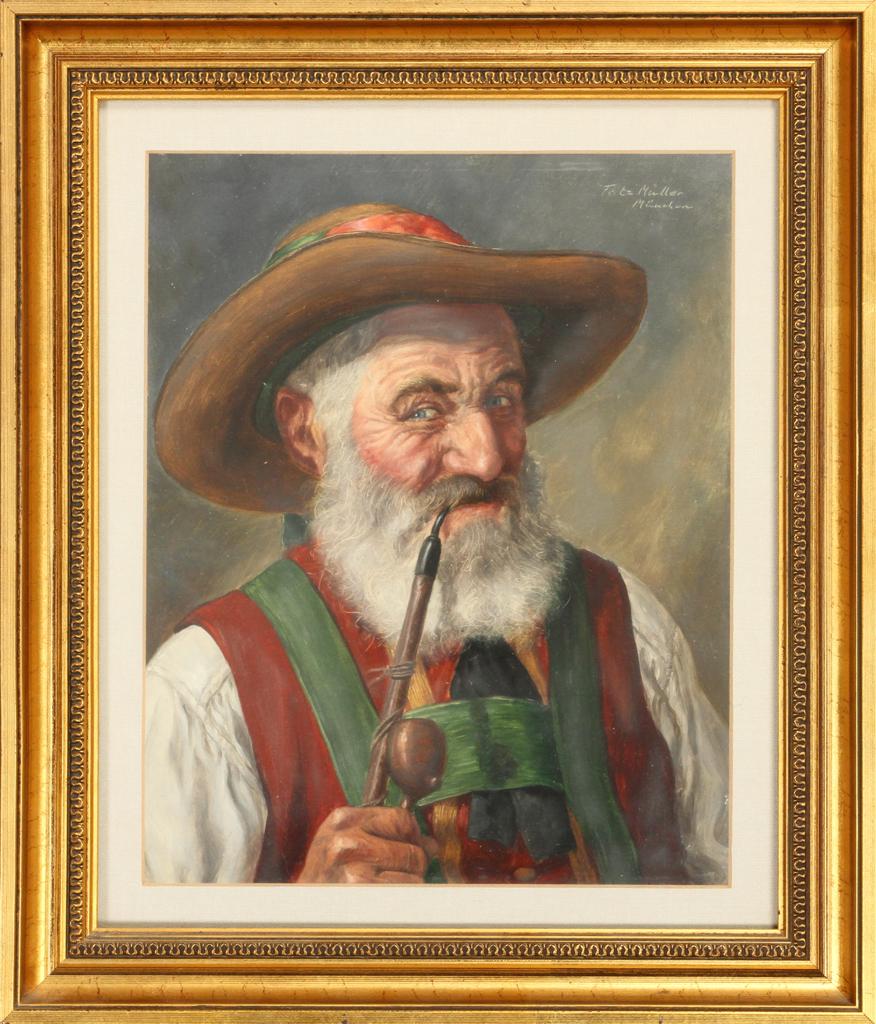 FRITZ MULLER OIL ON MASONITE, BAVARIAN MAN: FRITZ MULLER (GERMAN, 1913-72), OIL ON MASONITE, H 13", L 11", BAVARIAN MAN An oil on masonite by Fritz Muller. Depicting a Bavarian man with a pipe. Artist's signature to the upper right. From the es