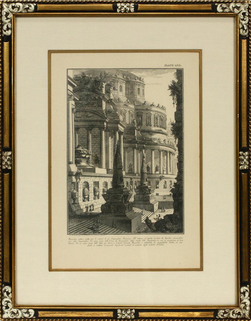 PIRANESI, ETCHING, PLATE LXII, H 13.75", W 9.75": PIRANESI, ETCHING, PLATE LXII, H 13.75", W 9.75" The etching depicts a Roman mausoleum. Printed At the lower left margin is, "Gio. Baita Piranesi, Arch-Veneto inv. ed incise in Roma." At the back of t
