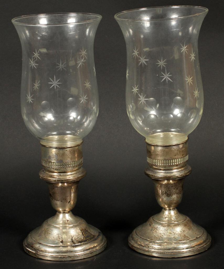 STERLING & GLASS CANDLESTICKS, PAIR (1 of 3)