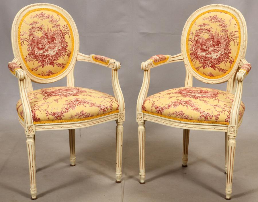 LOUIS XVI STYLE, OPEN ARM CHAIRS, H 38", W 22": LOUIS XVI STYLE, OPEN ARM CHAIRS, H 38", W 22" Antique painted frames with yellow and red upholstered seats and backrest.