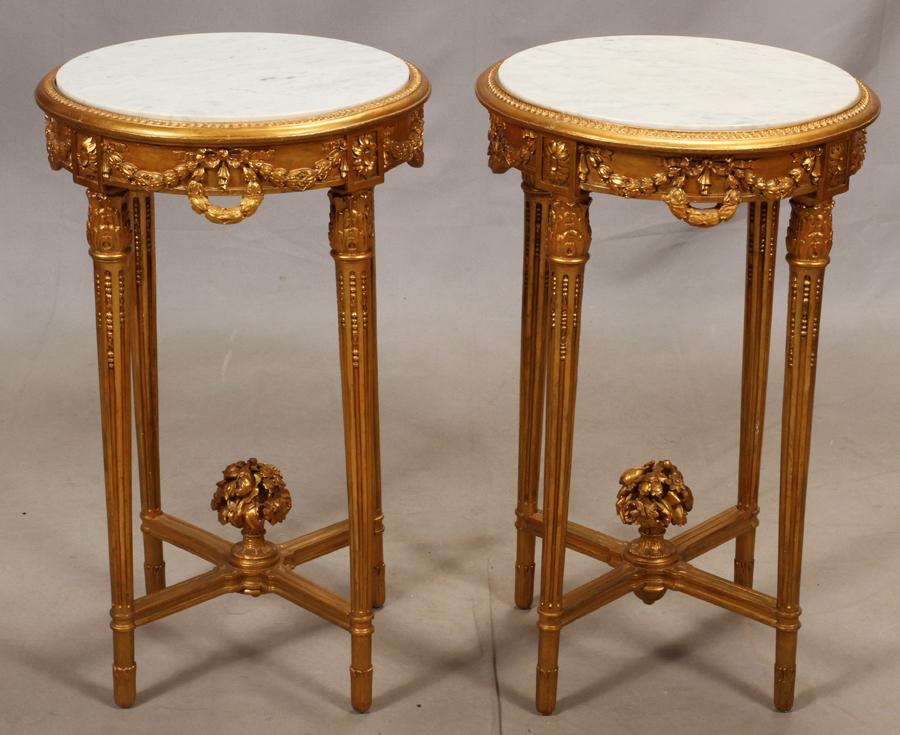 LOUIS XVI STYLE, MARBLE TOP END TABLES, PAIR: LOUIS XVI STYLE, MARBLE TOP END TABLES, PAIR, H 30", DIA 18 1/2" Circular, having marble tops and 4 straight, tapered legs.