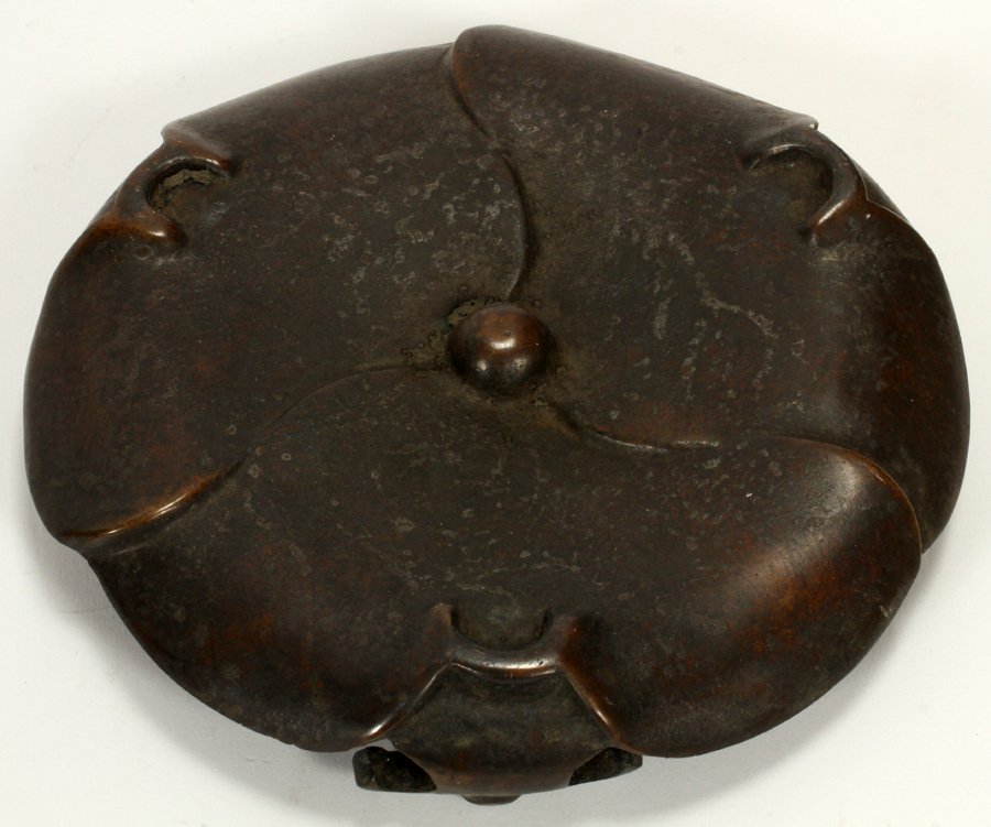 CHINESE QING, BRONZE PLATE, H 1", DIA 6 3/4": CHINESE QING, BRONZE PLATE, H 1", DIA 6 3/4" Dark patina. This lot is the underplate for the lot 109.