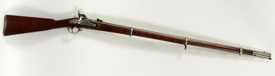 COLT MODEL 1862 PERCUSSION CAP RIFLE, .58 CAL: COLT, MODEL 1862, PERCUSSION CAP RIFLE, .58 CAL, C1862, L 40" BBL, 58" (O/A) Having a nickel-plated finish, 40" barrel, percussion cap action, and full-length walnut stock, 3 barrel bands and shoulder