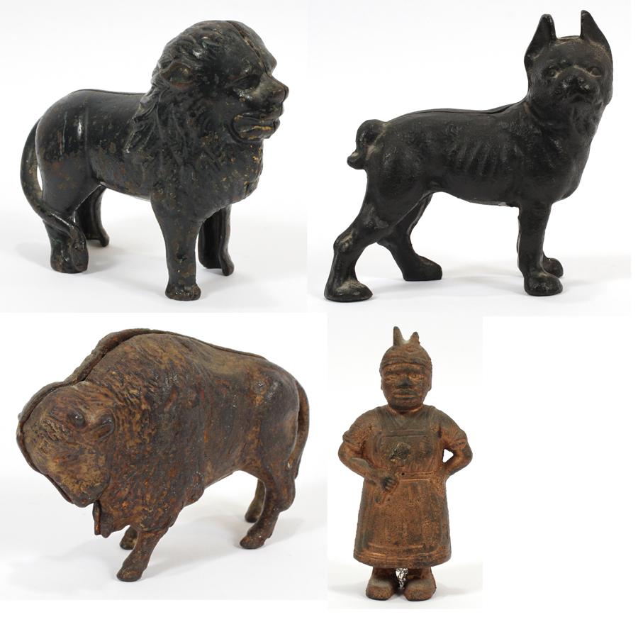 CAST IRON BANKS, FOUR: CAST IRON BANKS, FOURA cast-iron bank. Having a lion form. Contrived in two halves. A cast-iron bank. Depicting a figure with a cooking utensil. Contrived in two halves. A cast-iron bank. Having a box