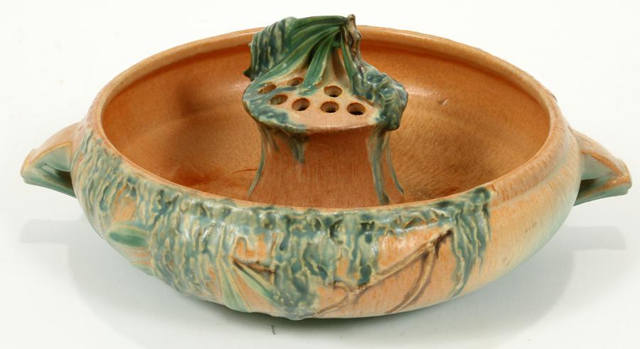 ROSEVILLE, POTTERY, BOWL WITH FLOWER FROG: ROSEVILLE, POTTERY, BOWL WITH FLOWER FROG, MOSS PATTERN, 2 PCS. L 12" The bowl is round with handles and has a length of 12" (from handle to handle) and is inscribed with the numbers 292-8 on the base