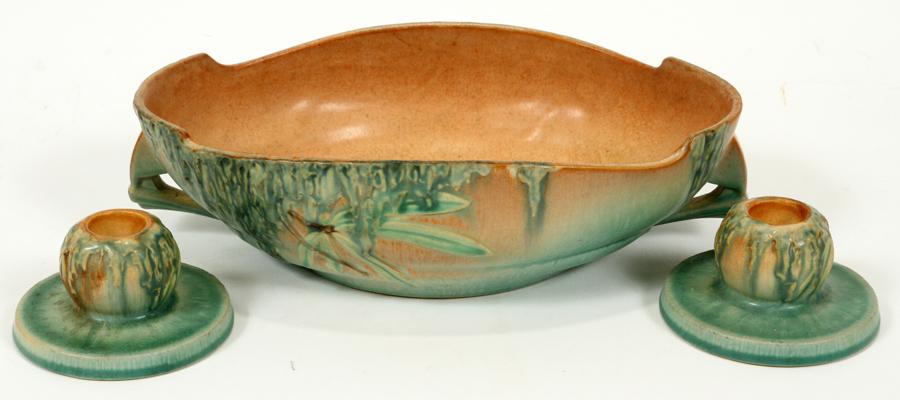 ROSEVILLE POTTERY CENTERPIECE BOWL, CANDLESTICKS: ROSEVILLE, POTTERY, CENTERPIECE BOWL WITH PR. CANDLESTICKS, MOSS PATTERN, 3 PCS. An oblong centerpiece bowl, with a height of 3", length 12", and width 7", inscribed with the numbers 293-10 on the bas
