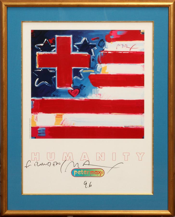 PETER MAX, SIGNED, POSTER, 'FLAG WITH RED CROSS': PETER MAX, SIGNED, POSTER,, H 21", W 15" (IMAGE), 'FLAG WITH RED CROSS' A Peter Max poster titled 'Flag With Red Cross'. signed in black marker. Signed with a black Sharpee, in the presence of the con