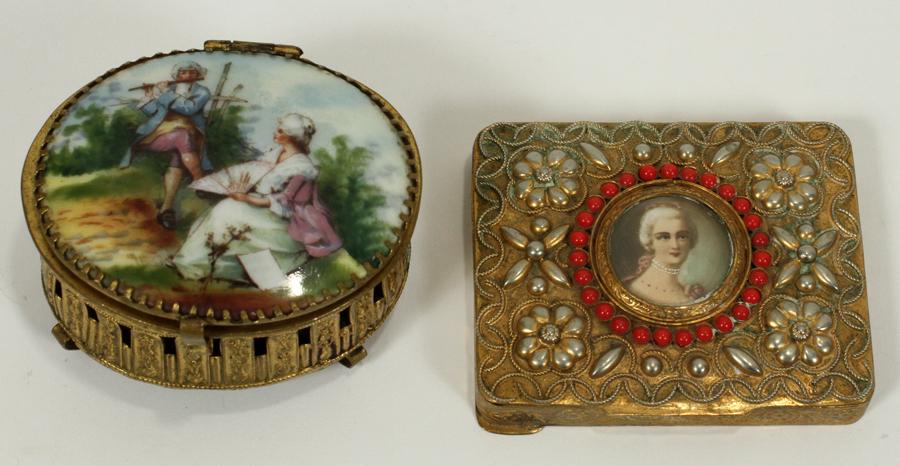 BRASS, PORCELAIN PORTRAIT BOXES: ITALIAN AND CZECHOSLOVAKIAN BRASS, PORCELAIN PORTRAIT BOXES H 3" W 3" Two lady's vanity items. One small jewel casket of pierced metal with a porcelain plaque depicting a courting couple in a bucolic 