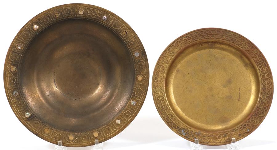 TIFFANY STUDIOS, DORE BRONZE PLATE & BOWL, 2 PCS: TIFFANY STUDIOS, DORE BRONZE PLATE & BOWL, 2 PCS, DIA 7.5"-9"A selection of Tiffany Studios New York gilt bronze plate (# 1750) and bowl (# 1725). Signature branding impressed to the underside rims.