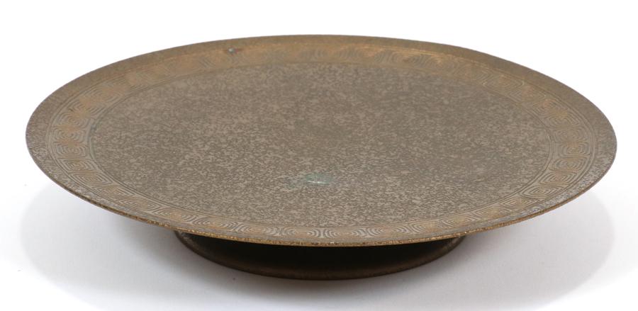 TIFFANY STUDIOS, DORE BRONZE COMPOTE, #1731: TIFFANY STUDIOS, DORE BRONZE COMPOTE, #1731, H 1.25", DIA 8"A Tiffany Studios New York gilded bronze compote. Numbered # 1731, offers a recessed pattern along the perimeter. Signature branding to the 
