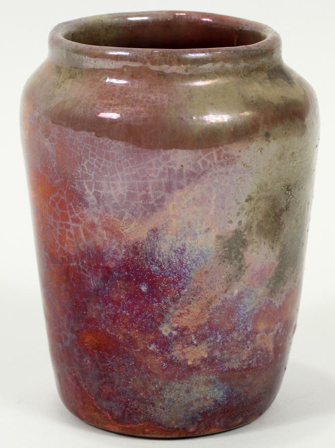 IRA & ELLA PETERS, POTTERY VASE, H 4.25", DIA 3": IRA & ELLA PETERS, POTTERY VASE, H 4.25", DIA 3"A Pewabic Pottery vase by Ira and Ella Peters. Having a white clay body with an iridescent glaze. Observable oxidation, pitting, blistering and reductio