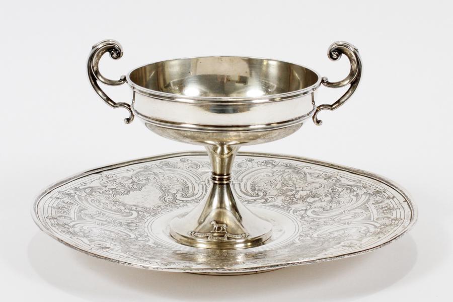 REED & BARTON STERLING SERVING PLATE: REED & BARTON STERLING SERVING PLATE & EDWARDIAN STERLING COMPOTE BY CARRINGTON, BIRMINGHAM, 1904-05, H 4" Serving plate is 660 H, hand chased, Dia 9". English sterling silver compote or communion cup