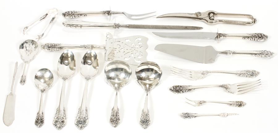 WALLACE "GRAND BAROQUE" STERLING FLATWARE: WALLACE, "GRAND BAROQUE", STERLING FLATWARE SERVING PIECES, 15 PCS. OZT. 22.34 Includes, 2 gravy ladles, L 6.5"; 2 serving spoons, L 8.75"; 2 cold meat forks, L 8 1/8"; 1 sugar spoon, L 6.25"; 1 nut s
