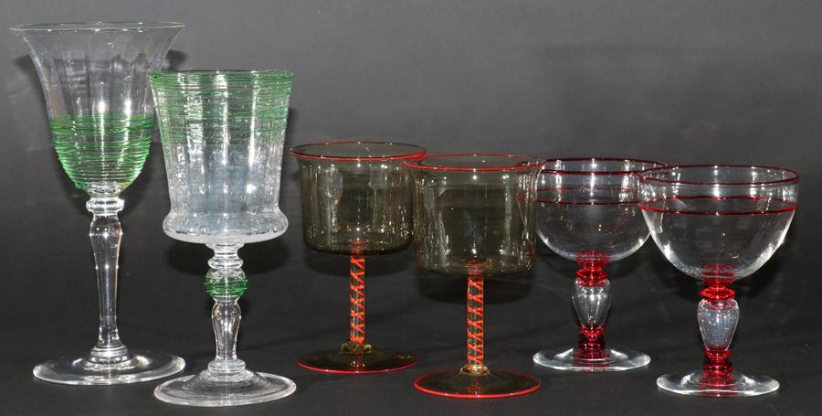 VENETIAN & STEUBEN BLOWN GLASS STEMWARE, 6 PCS: VENETIAN & STEUBEN BLOWN GLASS STEMWARE, 6 PCS, H 5"-8"A collection of six hand-blown Venetian and Steuben glass stemware. Spiral stems, over threading and hollow stem. The two green glasses are marke