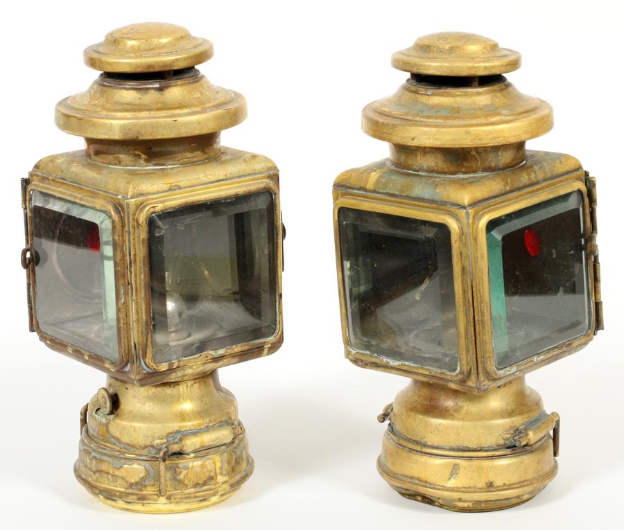 MILLER SPRAGUE WALDO, BRASS COACH LIGHTS, C. 1905: MILLER SPRAGUE WALDO, BRASS COACH LIGHTS, C. 1905, PAIR, H 10.5", W 4.5" Miller Sprague Waldo manufacturing company Detroit, MI.
