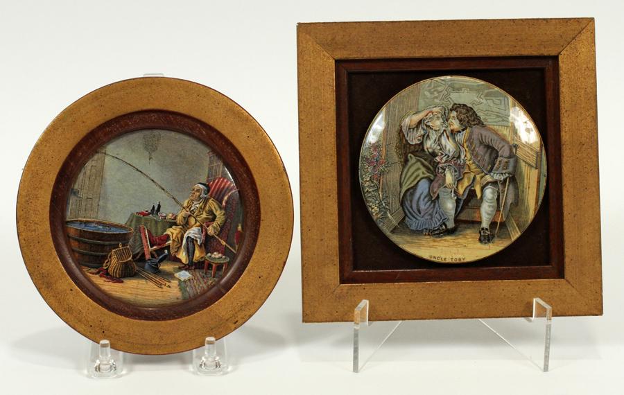 PRATTWARE 'UNCLE TOBY' & FISHERMAN PORCELAIN LIDS: PRATTWARE 'UNCLE TOBY' & FISHERMAN PORCELAIN LIDS DIA 4" Framed. Frames measure 6" diameter and 6.5" by 6.5" respectively.