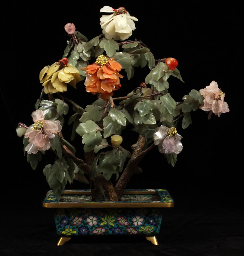 CHINESE HARDSTONE, FLOWERING TREE EARLY 20TH. C.: CHINESE HARDSTONE, FLOWERING TREE EARLY 20TH. C. H 13", W 12" A flowering tree with carnelian, rose quartz and jade. Mounted in an oblong cloisonne planter.