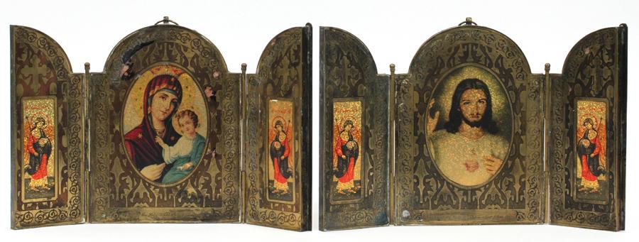 SYRIAN TRIPTYCH ICONS, C1900, H 9", W 10 1/4": SYRIAN TRIPTYCH ICONS, C1900, H 9", W 10 1/4" One depicts a center painting of Christ flanked by angels, The second is of the Madonna and Child also flanked by angels. Both having tooled brass frames.