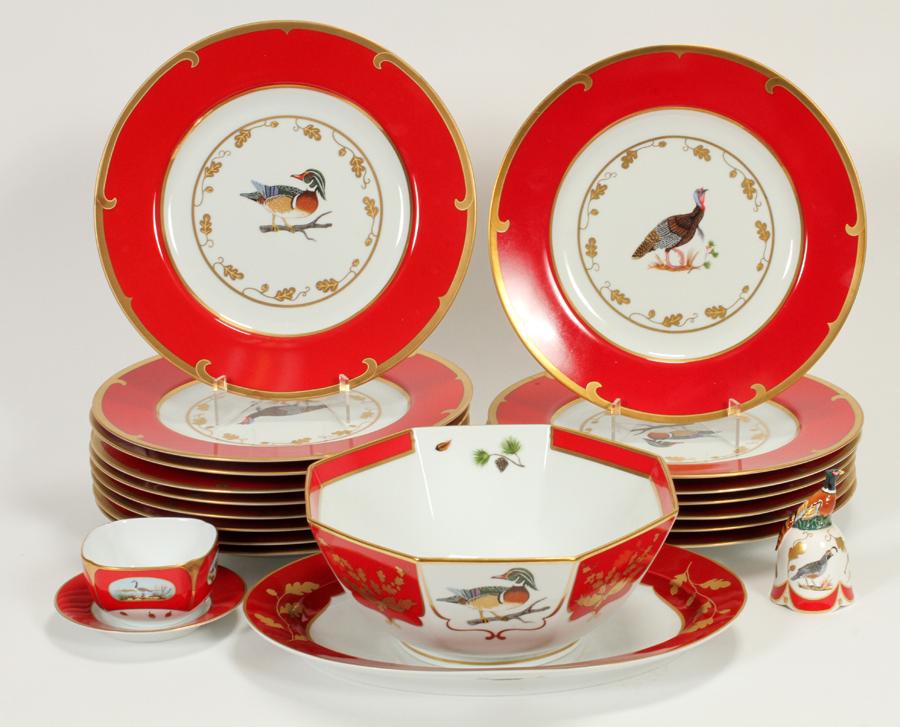 LYNN CHASE 'WINTER GAME BIRDS' PORCELAIN SERVICE: LYNN CHASE 'WINTER GAME BIRDS' PORCELAIN SERVICE SET, 21 PCSA Lynn Chase 'Winter Game Birds' porcelain service set. Includes 16 dinner plates (DIA 12"), 1 octagonal bowl (DIA 10.5"), 1 oval platter, 1