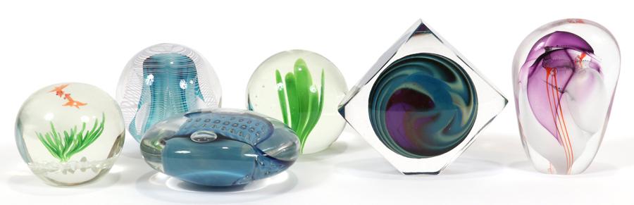 ART GLASS PAPERWEIGHTS, 6 PCS, H 2"-5": ART GLASS PAPERWEIGHTS, 6 PCS, H 2"-5"A collection of six art glass paperweights. Signatures include "Eickhart" and "Hal David Beyer."