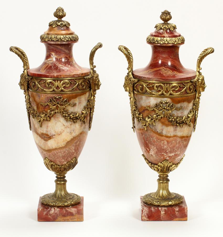 FRENCH ONYX AND BRONZE COVERED URNS, 19TH.C. PAIR (1 of 6)