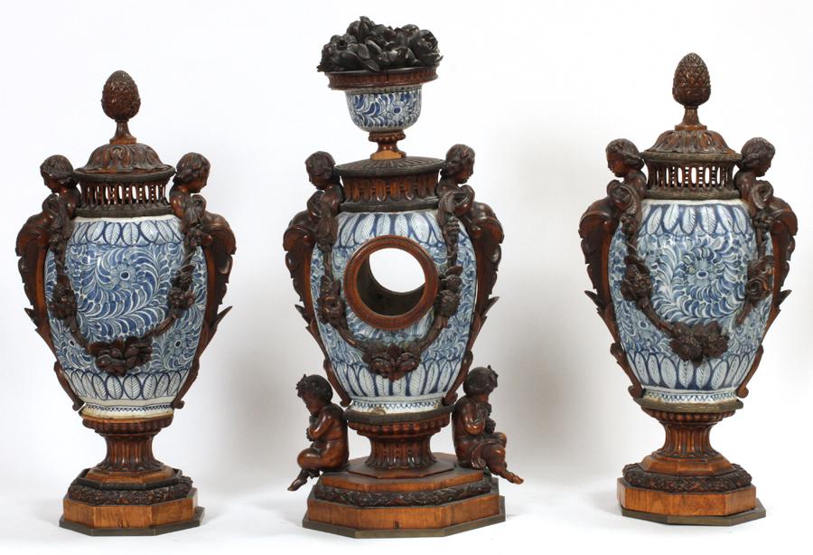 DUTCH PORCELAIN & CARVED WOOD GARNITURE SET, 3 PCS (1 of 8)
