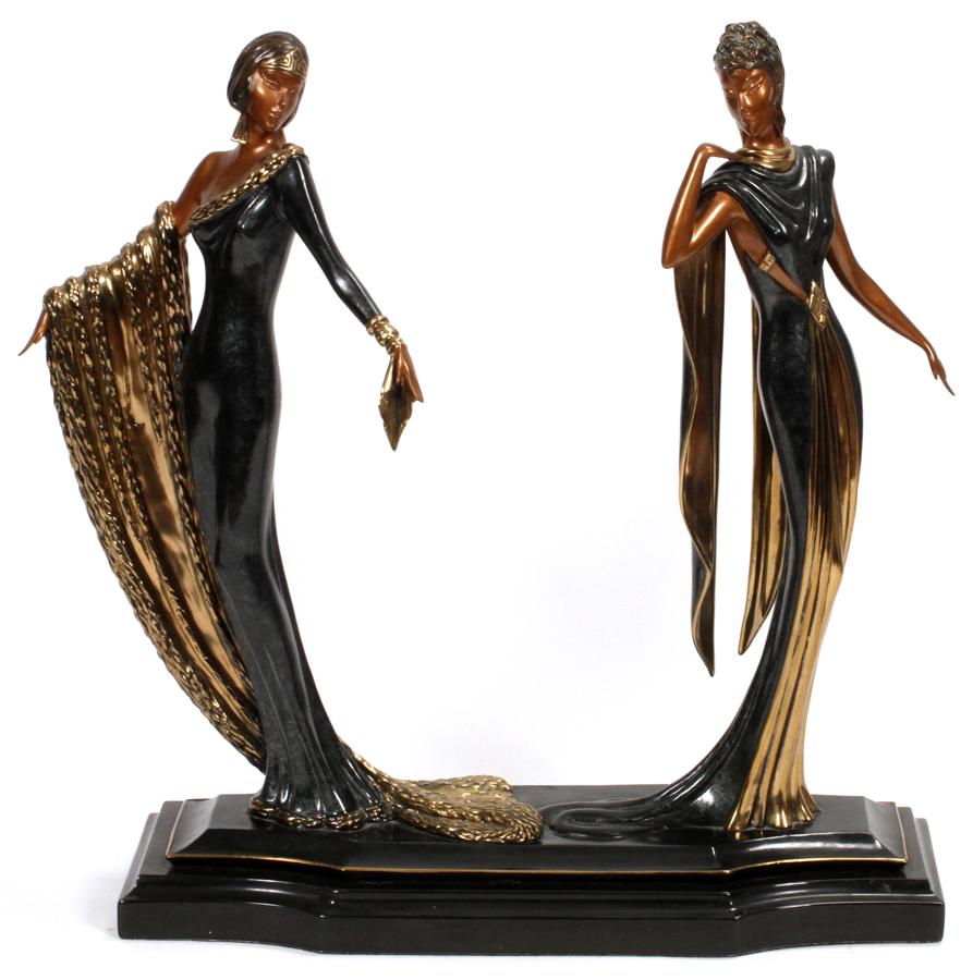 ROMAIN DE TIRTOFF "ERTE", BRONZE SCULPTURE: ROMAIN DE TIRTOFF, "ERTE", 1892 - 90, BRONZE SCULPTURE H 19" W 20" "DUETTO" Two fashion models in bronze , gilt highlights. Signed. Russian-born French artist and designer known by the pseudonym ErtÃ