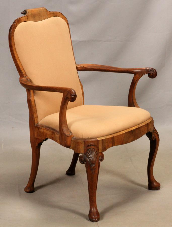 QUEEN ANNE STYLE CARVED WALNUT OPEN ARM CHAIR (1 of 4)