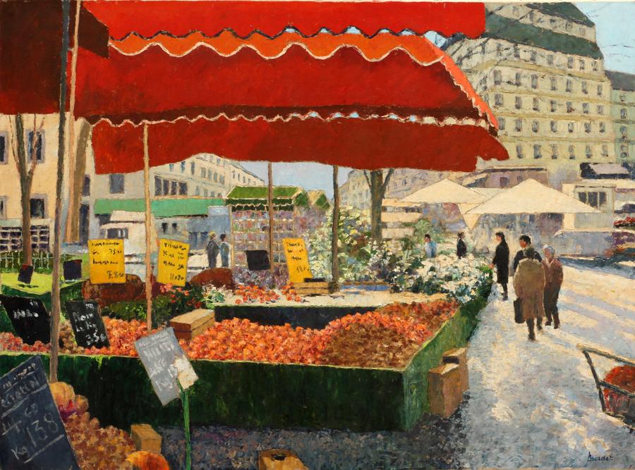 ANDRE BARDET OIL ON CANVAS 'LES ORANGES': ANDRE BARDET (FRENCH 1909 - 06) OIL ON CANVAS H 35" W 46" 'LES ORANGES' Signed lower right A. Bardet. A scene in Paris with fruit vendors and shoppers. Represented by Parke West Gallery. "Bardet is pr