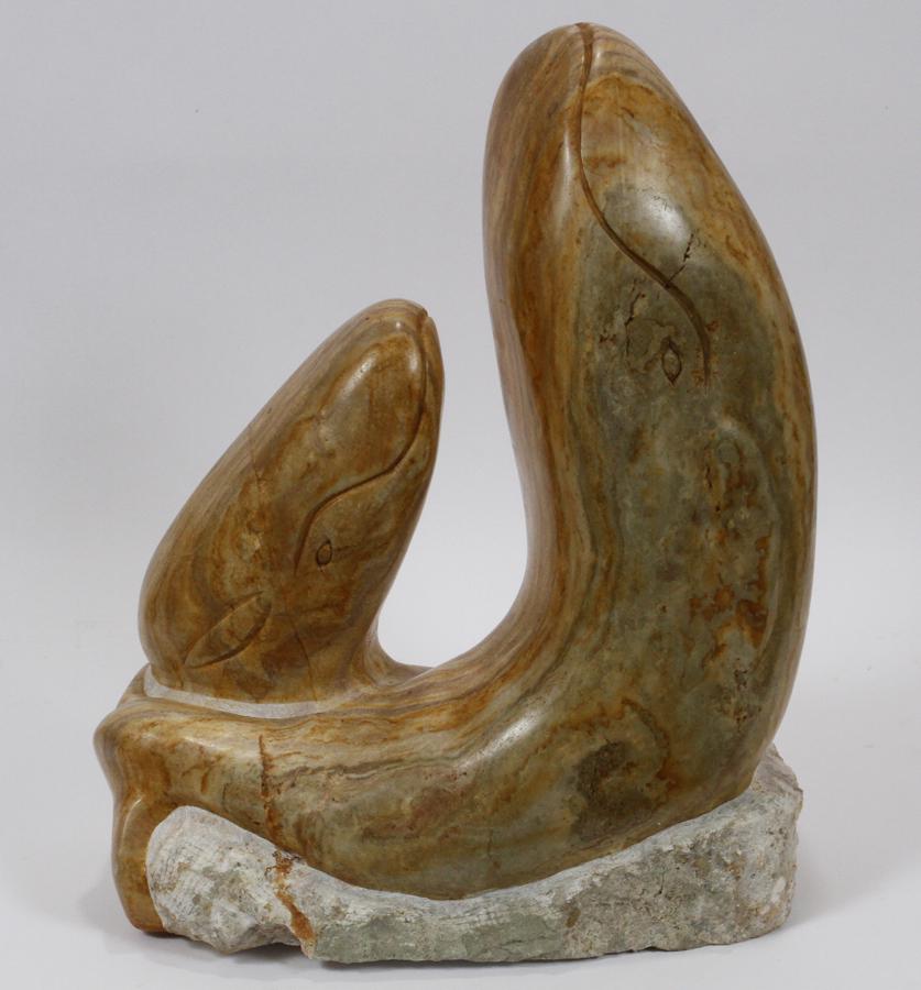CARVED STONE WHALE SCULPTURE, MODERN: CARVED STONE WHALE SCULPTURE, MODERN, H 18 1/2", W 16", D 8" Unsigned; mother whale and her baby. From the Booth Family Estate, Cranbrook, MI.