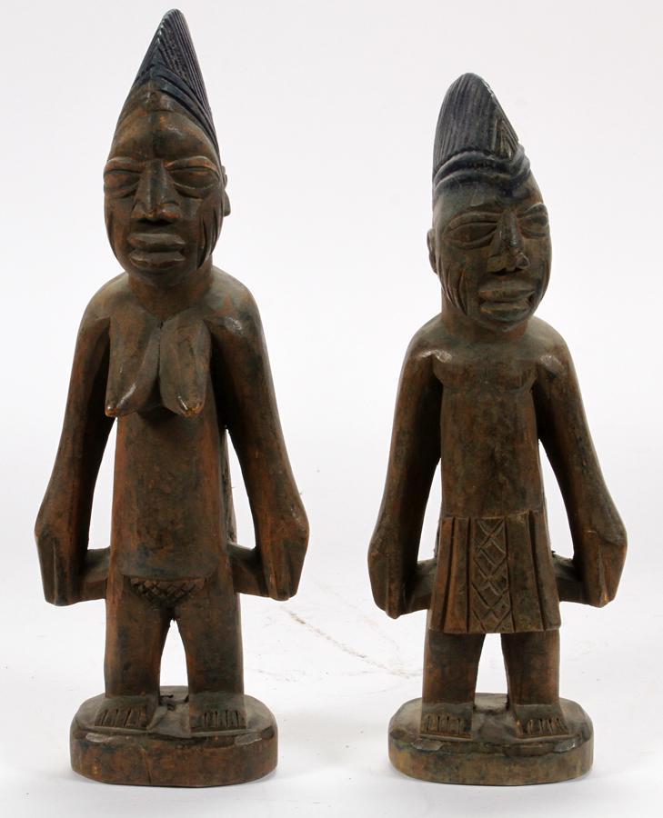 NIGERIAN WOOD FERTILITY DOLLS, PAIR, H 10": NIGERIAN WOOD FERTILITY DOLLS, PAIR, H 10" Purchased in Nigeria by a diplomat circa 1980 from the Germany embassy.