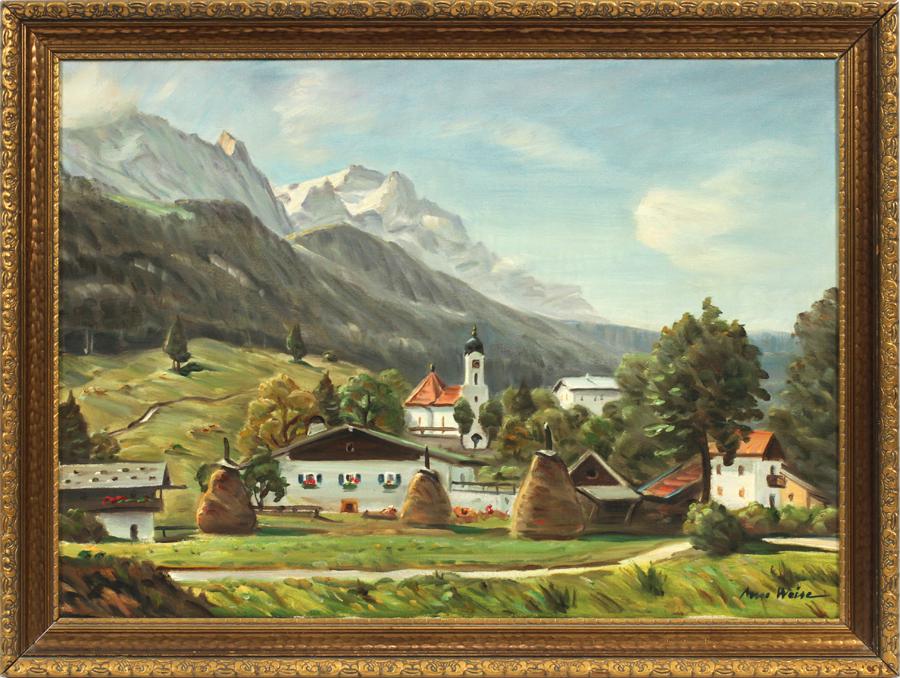 ANSO WEISE OIL ON CANVAS: ANSO WEISE (GERMAN, 1895-1986), OIL ON CANVAS, 19" X 27", "VILLAGE OF GARMISCH AND PEAK ZUGSPITZ " Signed lower right;19.5" x 27.5"; titled on stretcher bar; gilt frame.