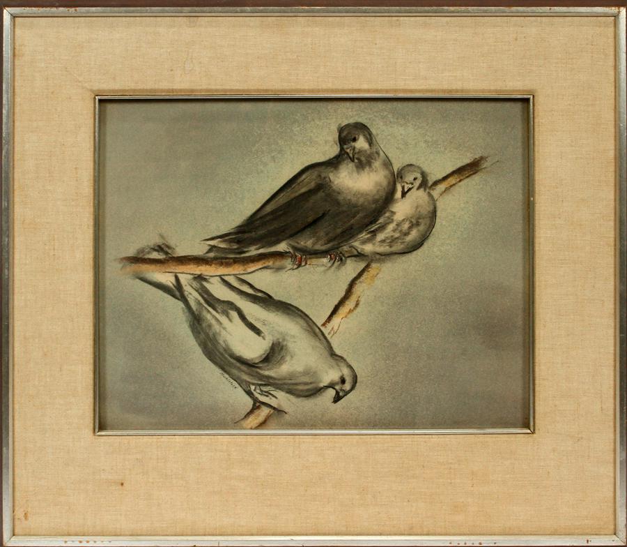 LOUIS MUHLSTOCK PASTEL ON PAPER, "THREE PIGEONS" (1 of 4)