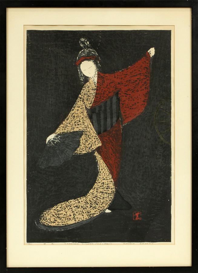 KAORU KAWANO COLOR WOODCUT, "DANCING FIGURE": KAORU KAWANO (JAPANESE, 1916â€“1965), COLOR WOODCUT, H 22", W 15", "DANCING FIGURE (MAI OGI)" Pencil signed and titled; #189/300; framed, 28" x 20"