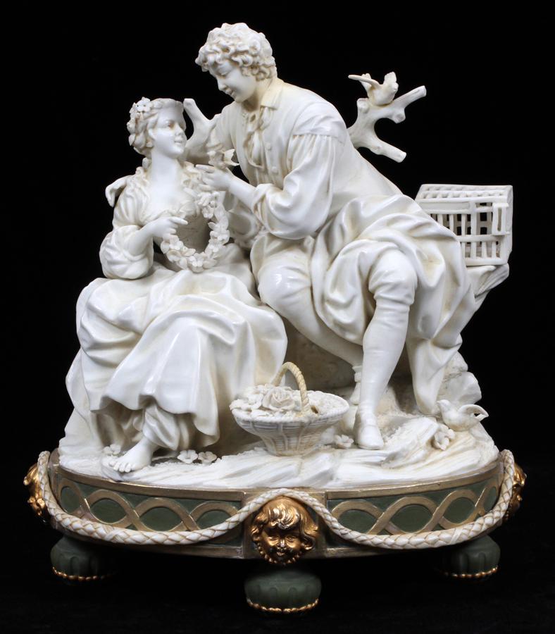 AFTER FREDRICH MEYER MEISSEN PORCELAIN FIGURE: AFTER FREDRICH ELIAS MEYER MEISSEN PORCELAIN FIGURE GROUP H 9" DIA 9" A blanc de chine porcelain figurine. Possibly Fredrich Elias Meyer for Meissen.