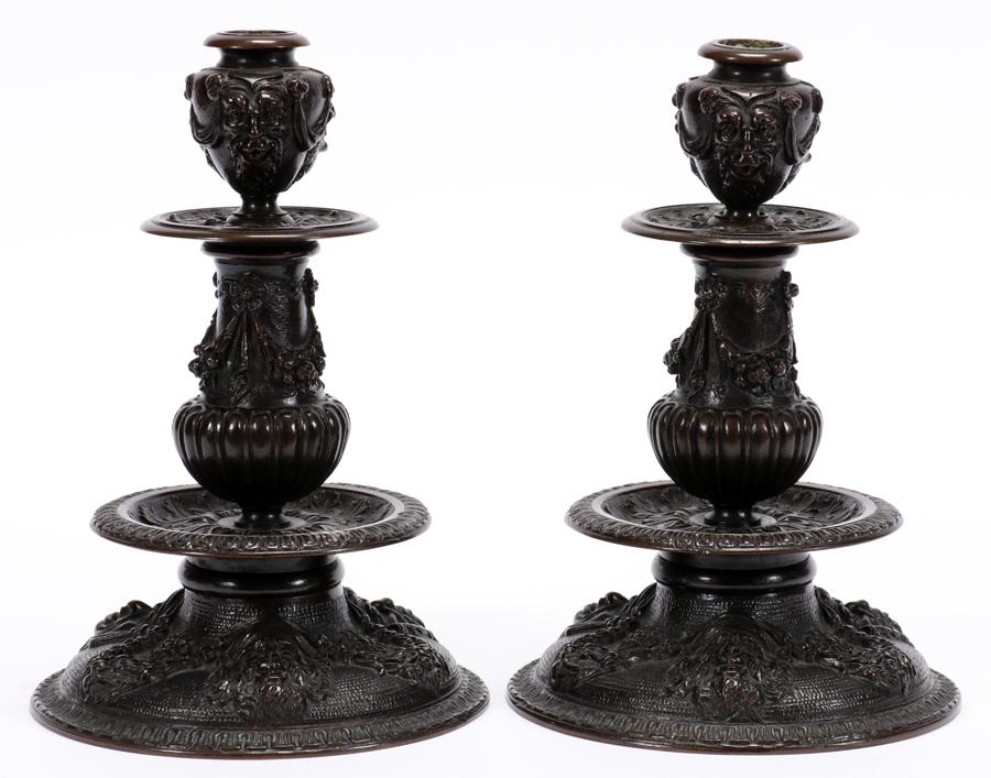 RENAISSANCE STYLE BRONZE CANDLESTICKS, PAIR (1 of 3)