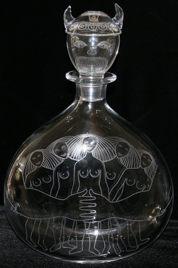 ORREFORS CRYSTAL DECANTER W/NUDE WOMEN H 16"