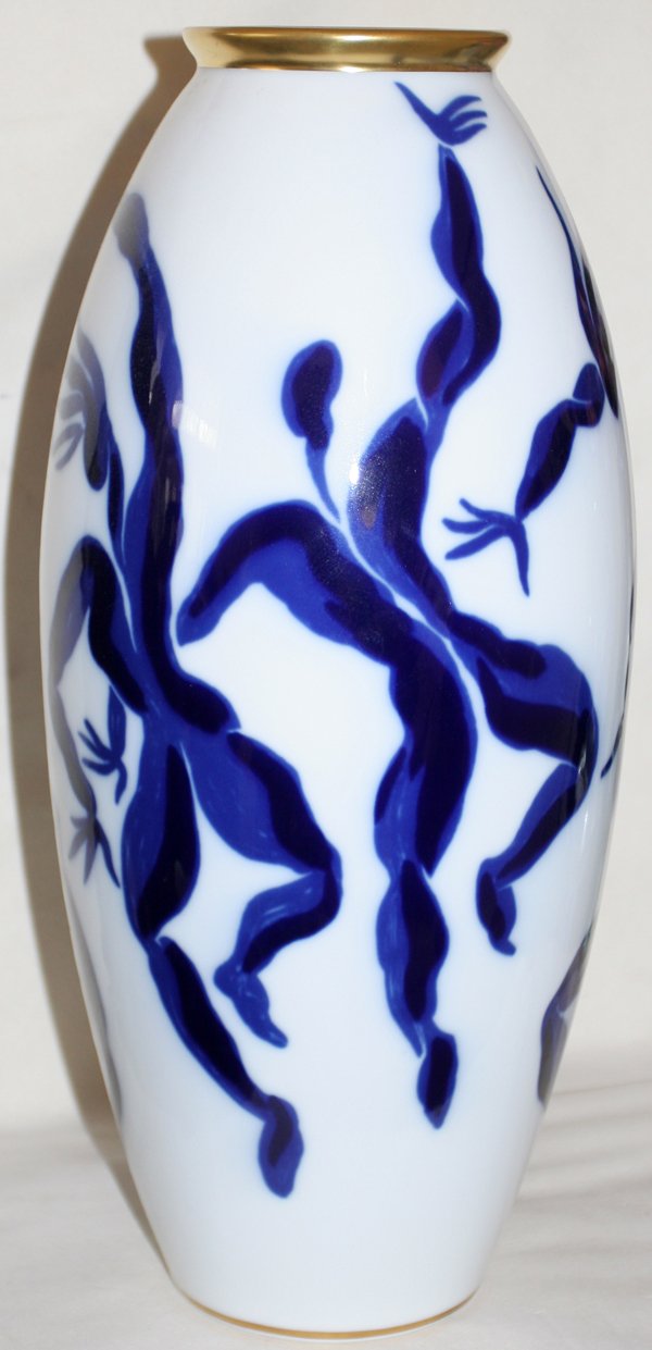 BERNARDAUD LIMOGES BLUE/WHITE PORCELAIN VASE: "BERNARDAUD LIMOGES, BY HENRI VAN DER STRAETEN, BLUE & WHITE PORCELAIN FIGURAL VASE, 'BACCHAUALE':15"" H; Blue figures on white. Gold Rim." (rev.20080620)
