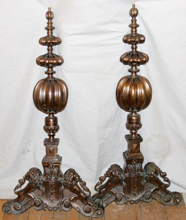 VICTORIAN BRONZE ANDIRONS, C1880, PAIR, H 36"