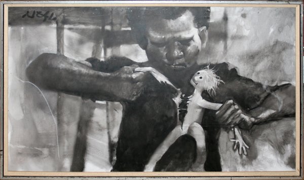 NEAL OIL ON MASONITE, 28" X 47", "RAG DOLL"