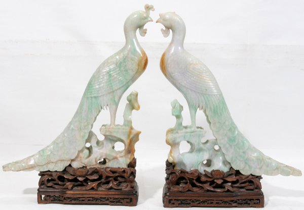 BURMESE CARVED JADE BIRDS, PAIR, H 12", L 12"