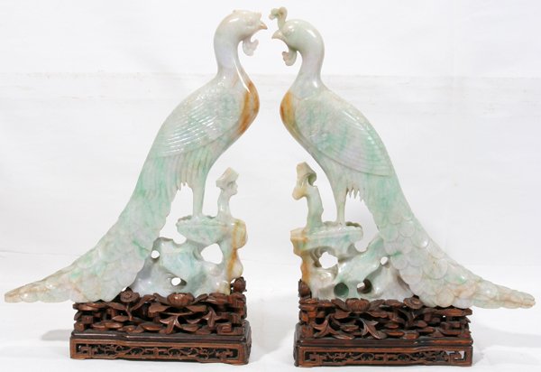 BURMESE CARVED JADE BIRDS, PAIR, H 12", L 12" - 2